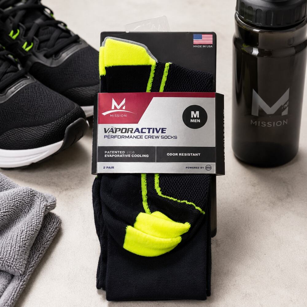 Mission VaporActive Cooling Crew Socks Men's M Black Neon 2 Pair NWT Athletic